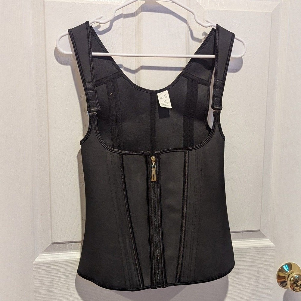 Y2K Waist Trainer 100% Latex Corset Cincher Shapewear Black Zip Front Vest M - Picture 3 of 6